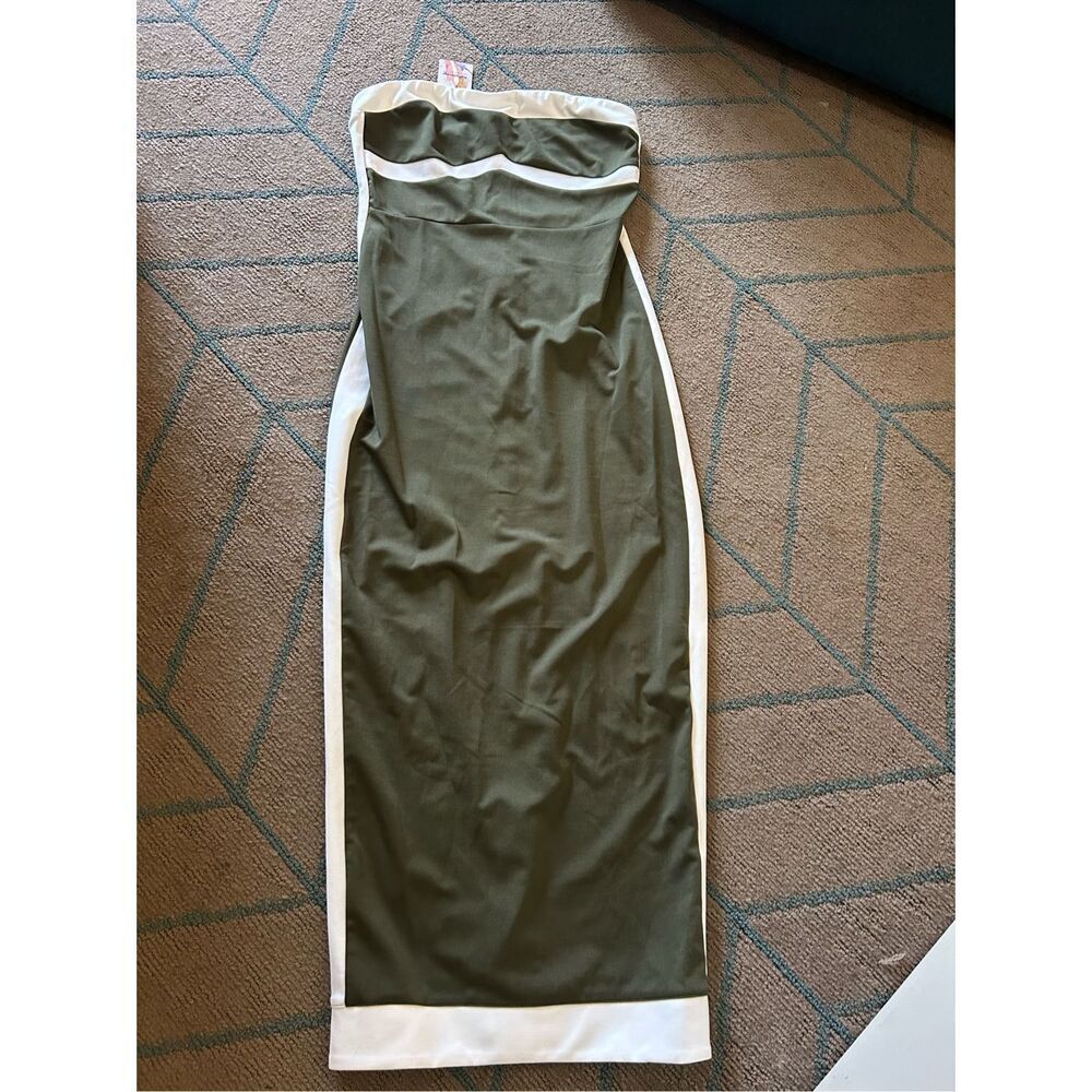 NEW Olive Green Bodycon Strapless Slit Cocktail Party Tube Maxi Dress S - Picture 4 of 7